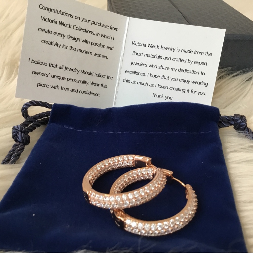NWOT Victoria Wieck 14K Rose Gold 3 Row CZ Hoop Earrings